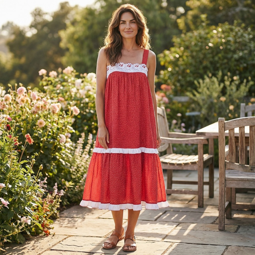 Anne Leslie Vintage Red Polka Dot Tiered Midi Dress Smocked Back USA Medium